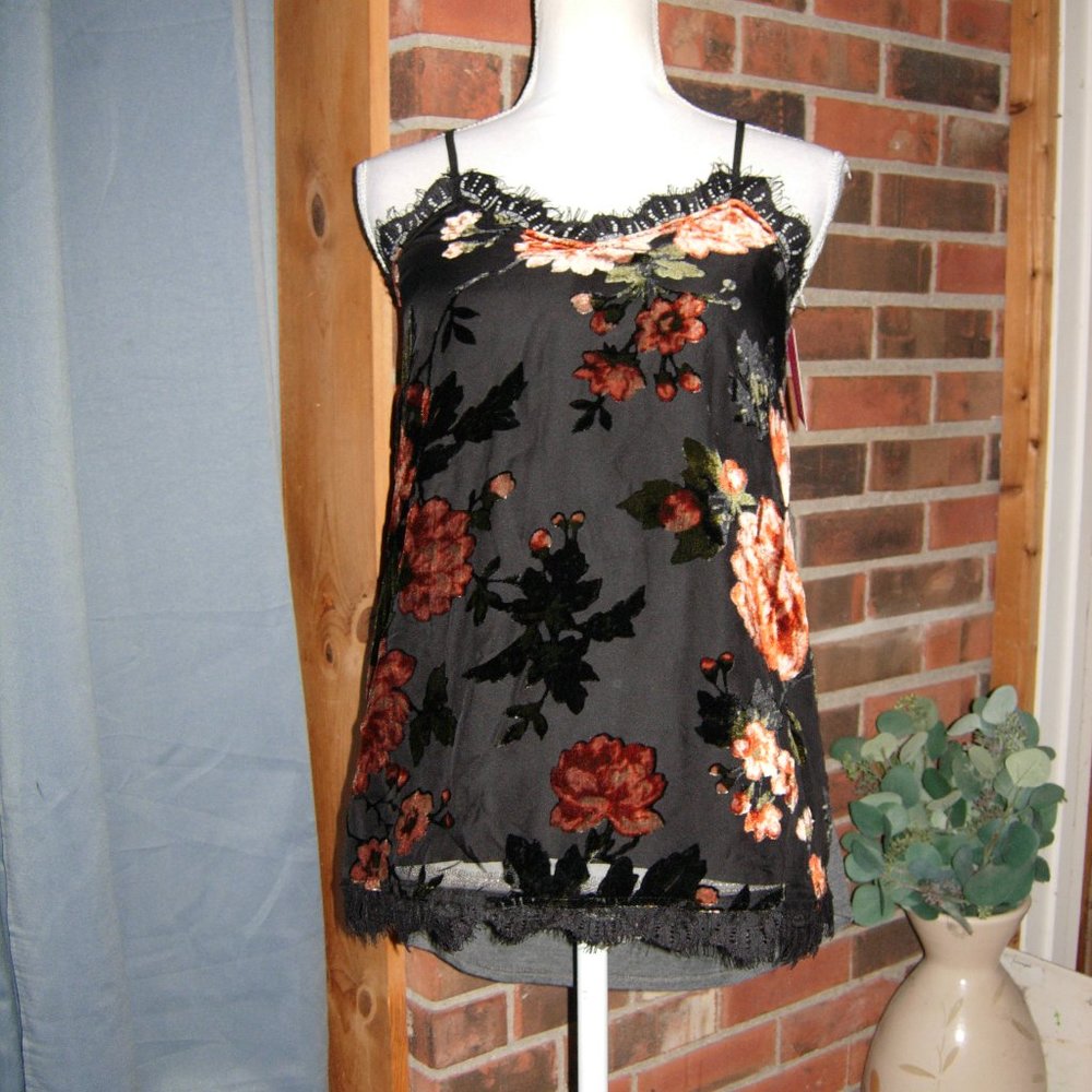 Floral Velvet Charcoal Lace Trimmed Tank Top S